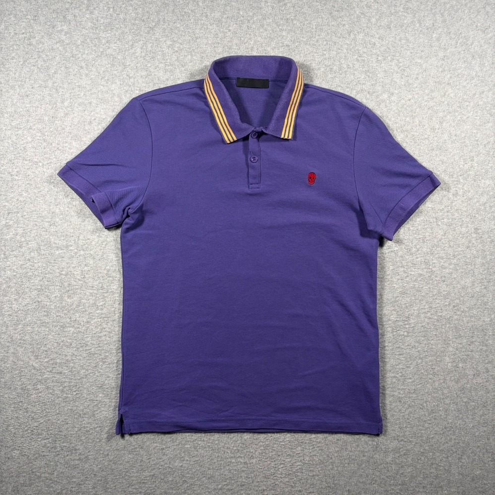 Alexander McQueen Polo Shirt Mens Medium Purple Skull Logo Striped Collar Pique